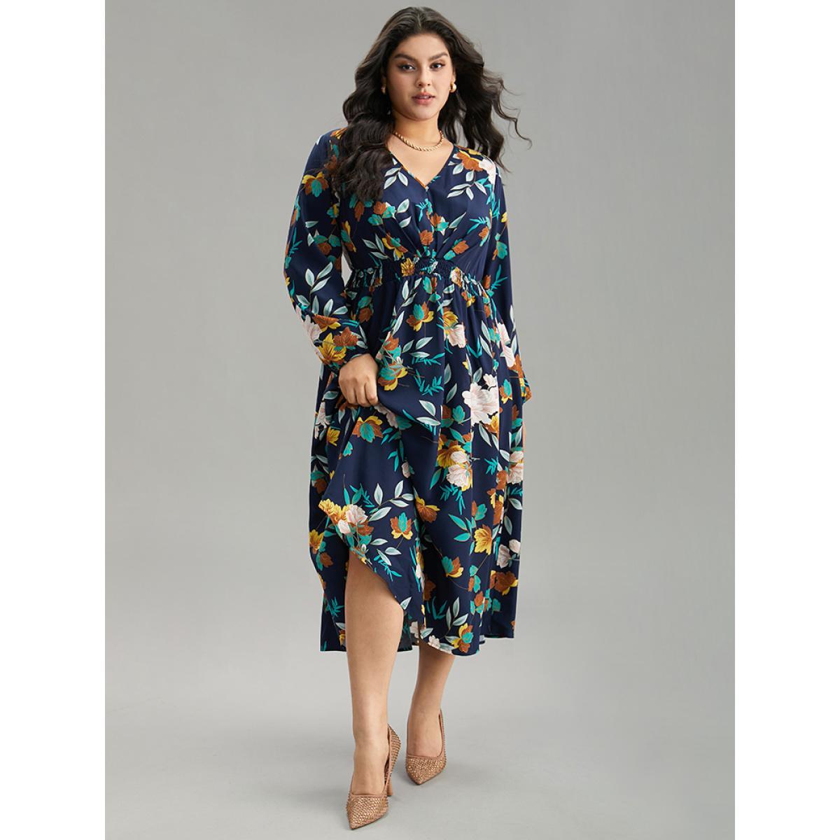 Plus Size Floral Print Shirred Lantern Sleeve Dress DarkBlue Women Elegant Elastic cuffs V-neck Long Sleeve Curvy Midi Dress BloomChic 14-16/1X Product Image