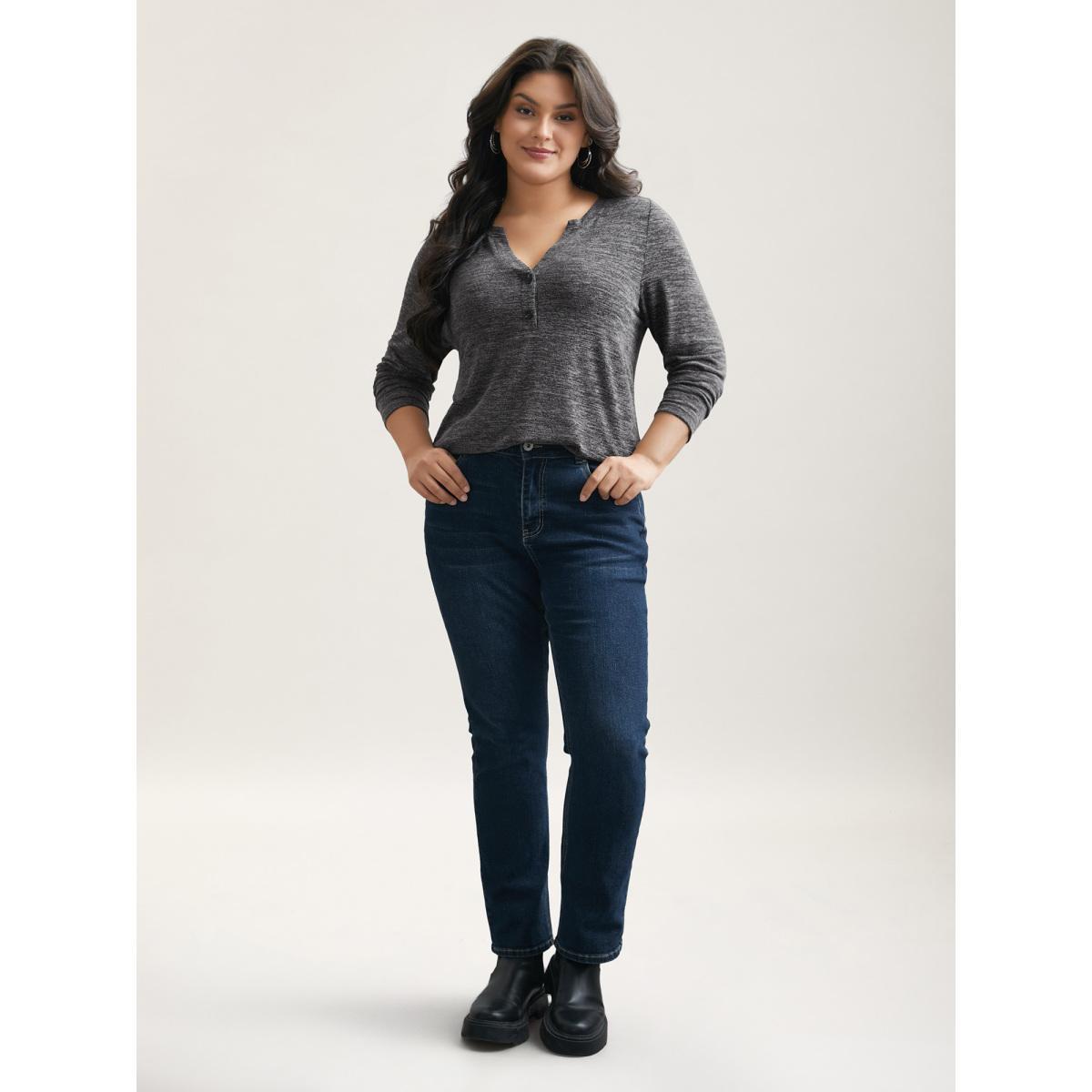 Plus Size Heather Textured Button-Front Fitted T-Shirt DimGray Women Casual Button Notched collar Bodycon Everyday T-shirts BloomChic 26/4X Product Image