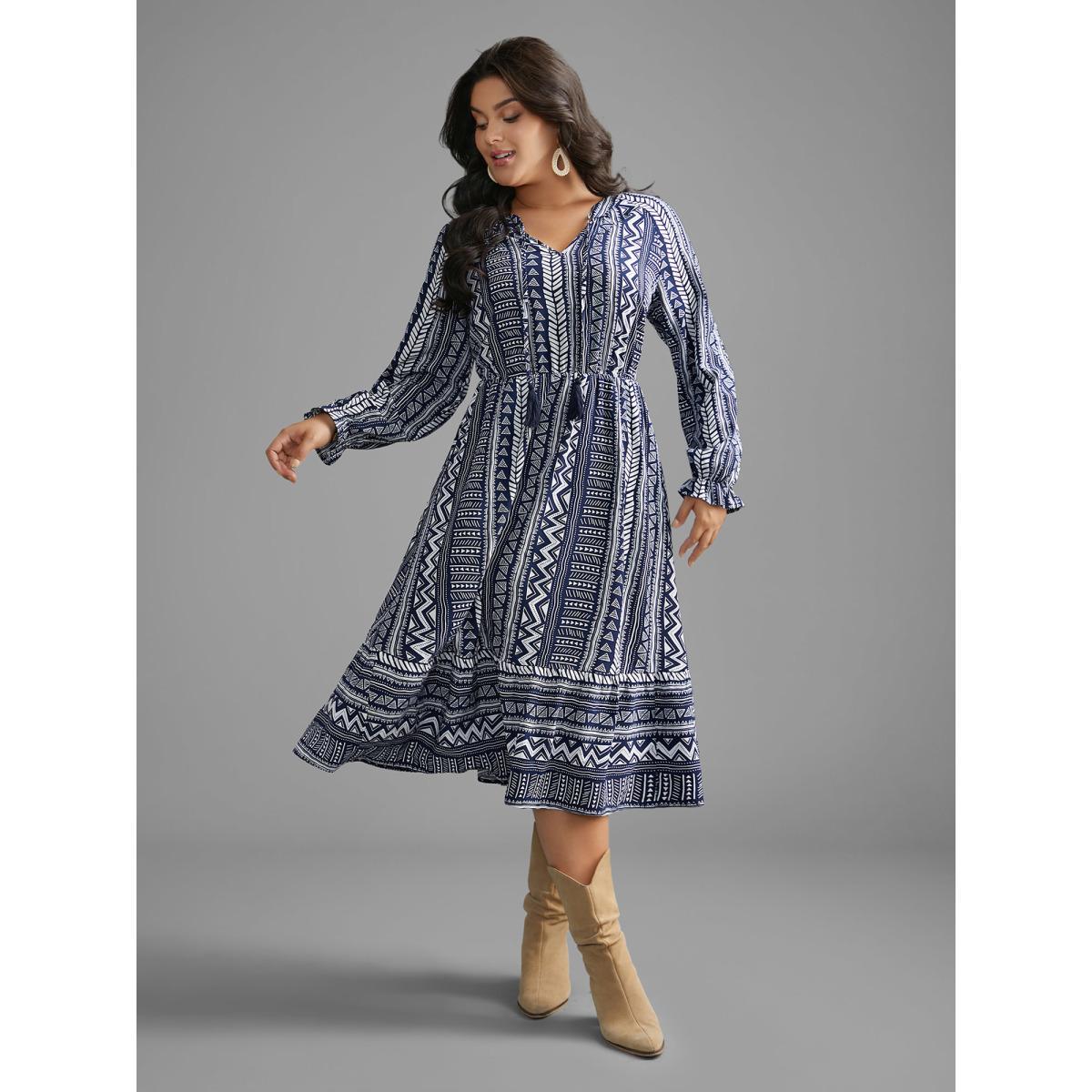 Plus Size Bandana Geometric Tassels Tie Knot Dress Indigo Women Resort Tie knot Flat collar with V-notch Long Sleeve Curvy BloomChic 28/5X Product Image
