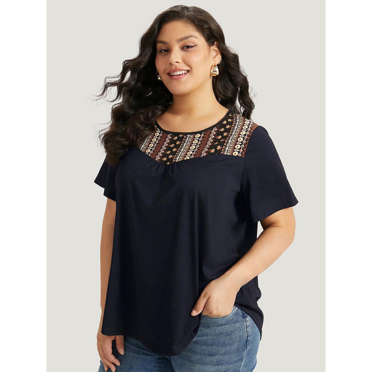 Plus Size Bandana Striped Patchwork Gathered T-shirt Midnight Women Elegant Printed Bohemian Print Round Neck Dailywear T-shirts BloomChic 18-20/2X Product Image