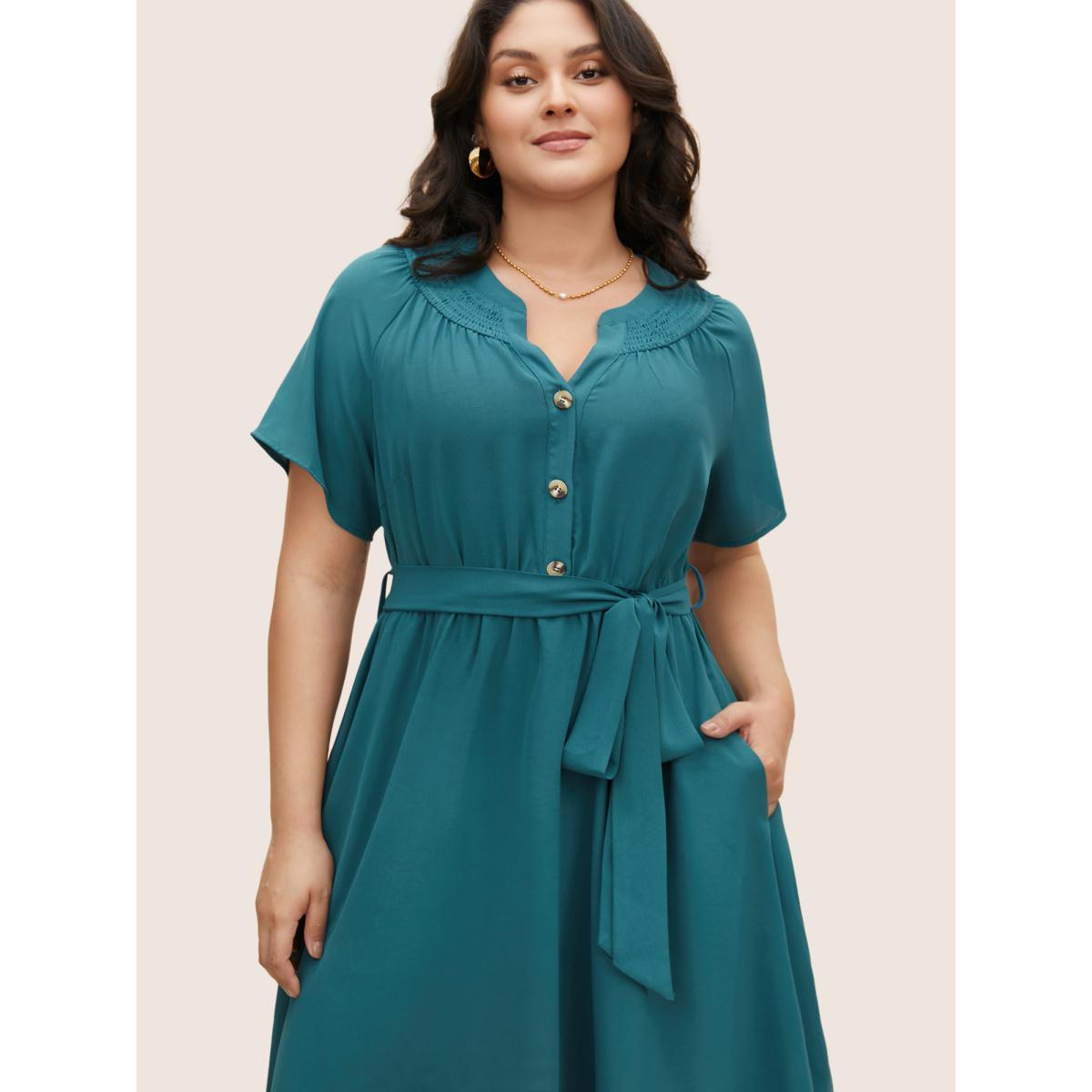 Plus Size Shirred Notched Button Up Belted Dress Aegean Women Elegant Gathered Flat collar with V-notch Short sleeve Curvy BloomChic 28/5X Product Image