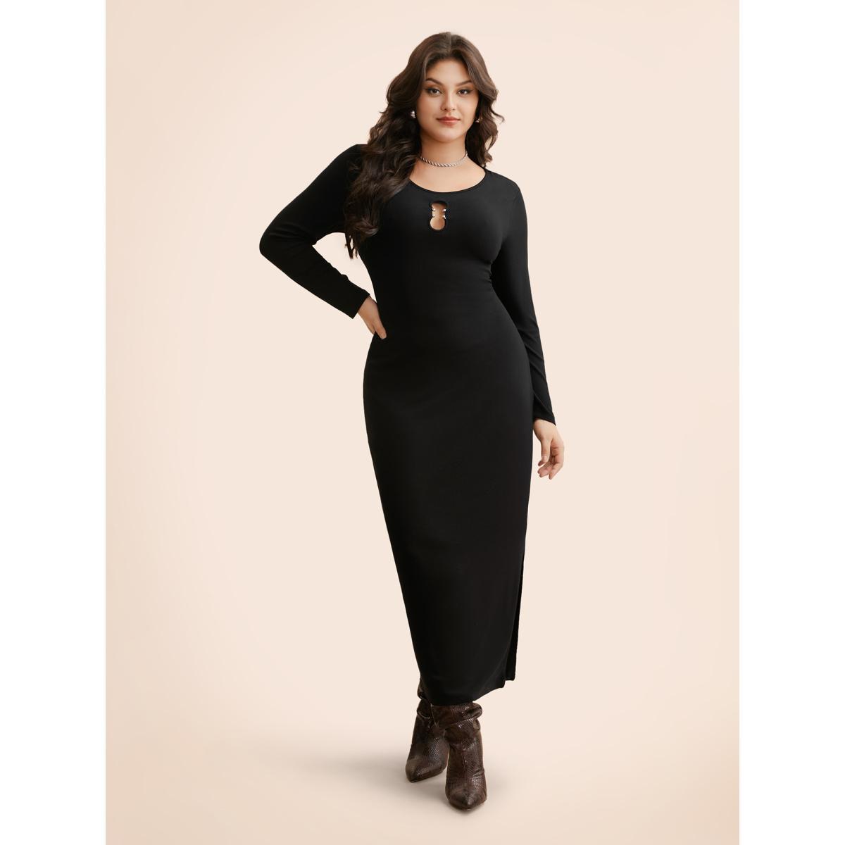Plus Size Metal Detail Keyhole Split Hem Dress Black Women Elegant Texture Boat Neck Long Sleeve Curvy BloomChic 30/6X Product Image