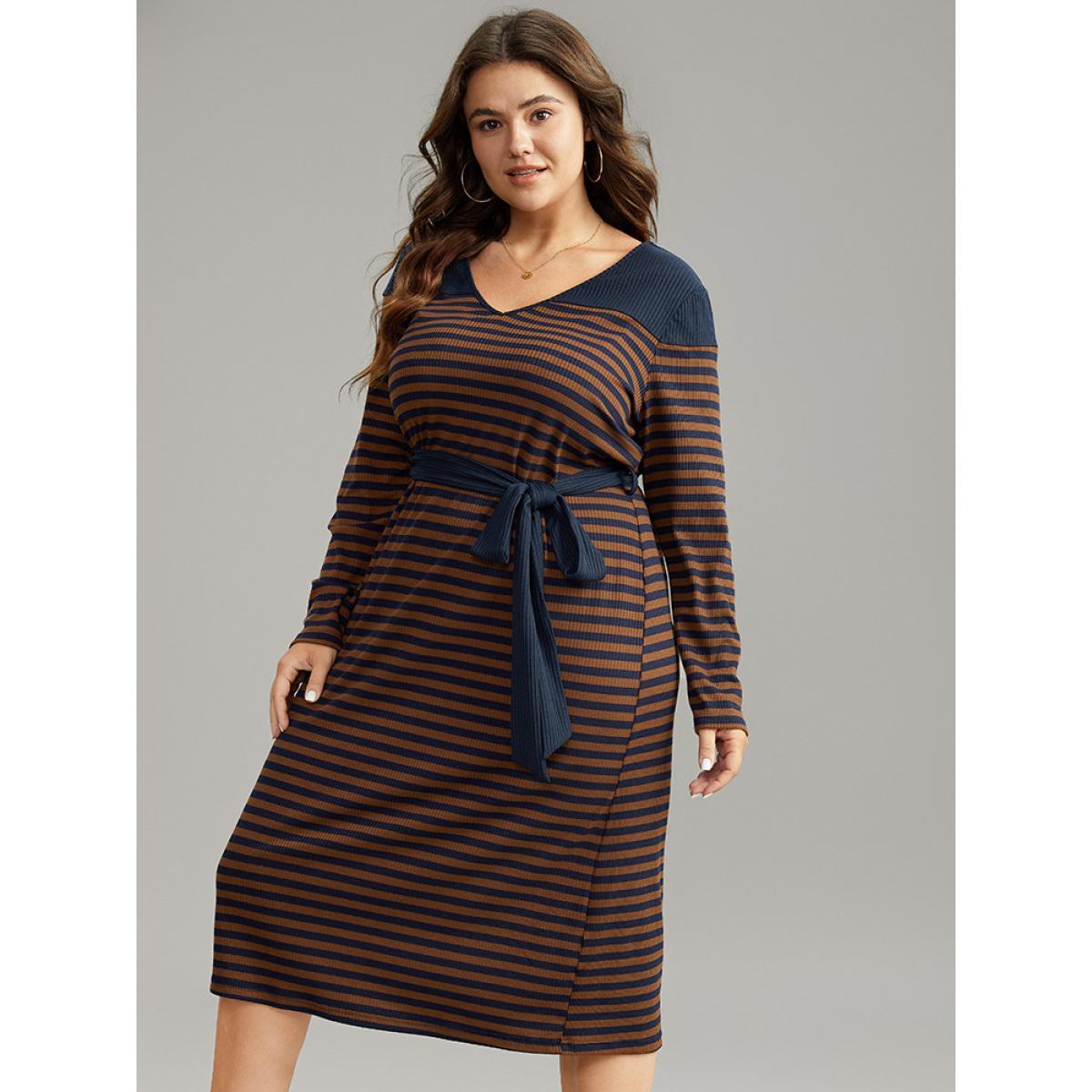 Plus Size Rib Knit Belted Patchwork Contrast Dress DarkBrown Women Casual Belted V-neck Long Sleeve Curvy Midi Dress BloomChic 30/6X Product Image