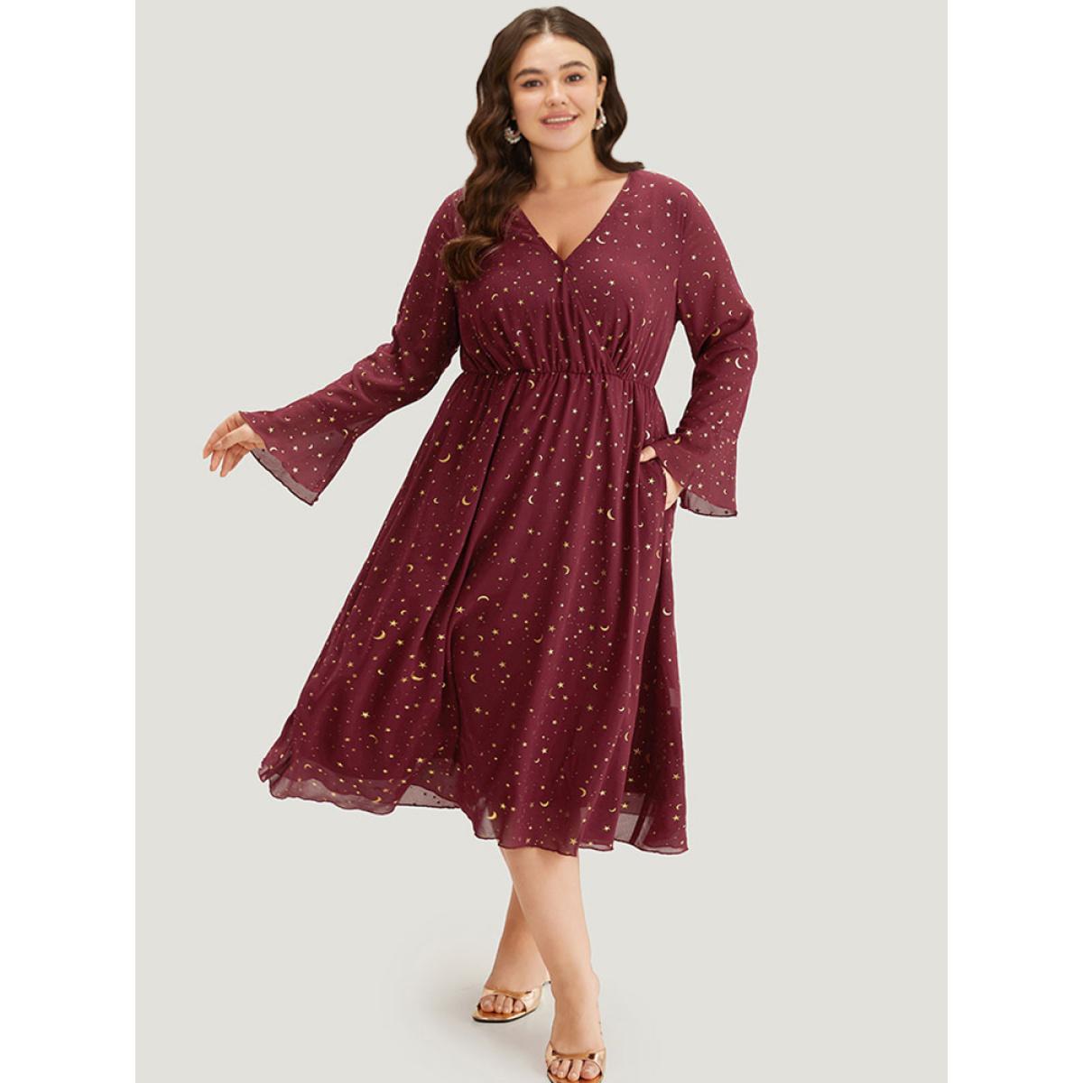 Plus Size Moon & Star Glitter Surplice Neck Bell Sleeve Dress Burgundy Women Party Printed V-neck Long Sleeve Curvy Midi Dress BloomChic 26/4X Product Image