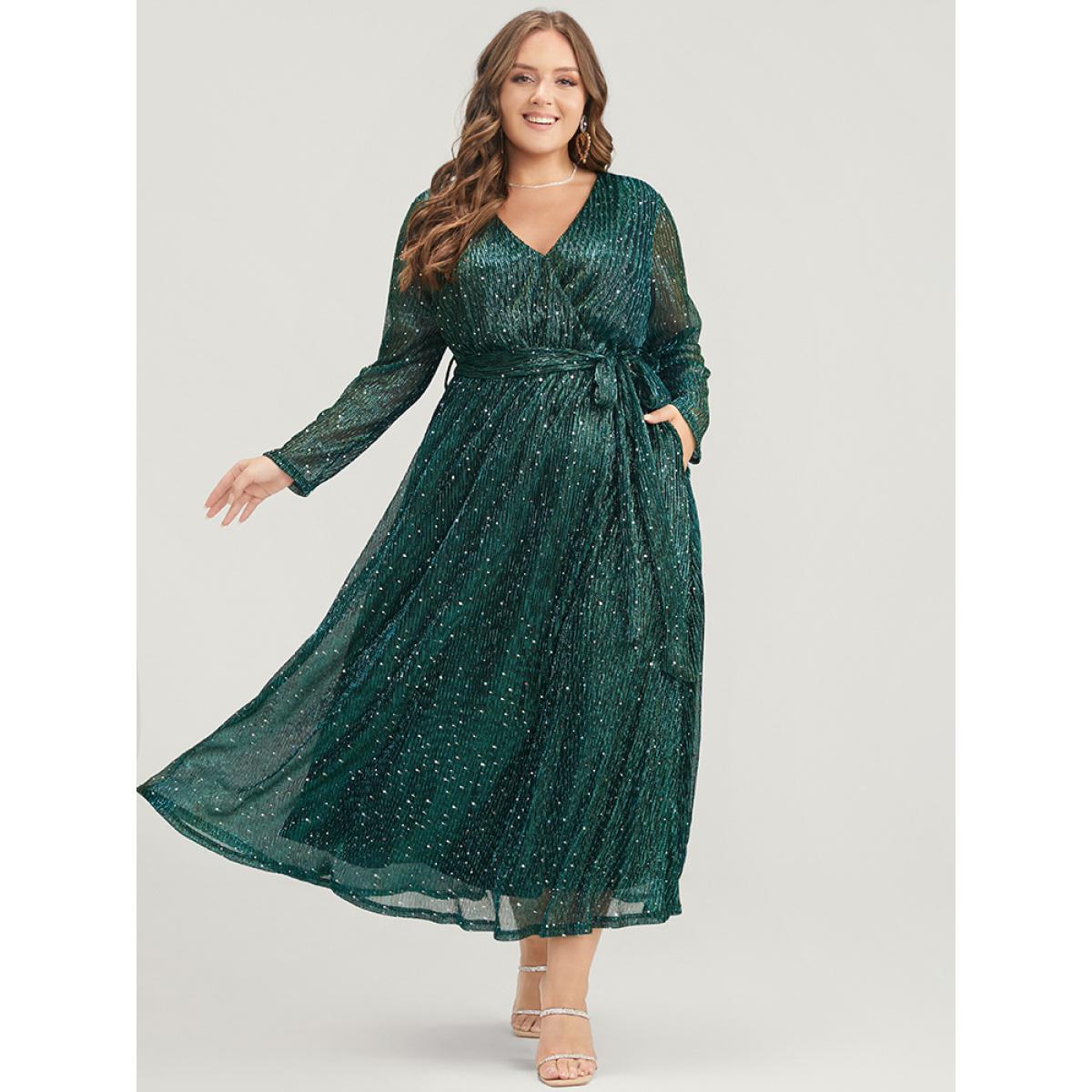 Plus Size Solid Pocket Wrap Belted Sequin Mesh Maxi Dress DarkGreen Women Cocktail Belted V-neck Long Sleeve Curvy Long Dress BloomChic 28/5X Product Image
