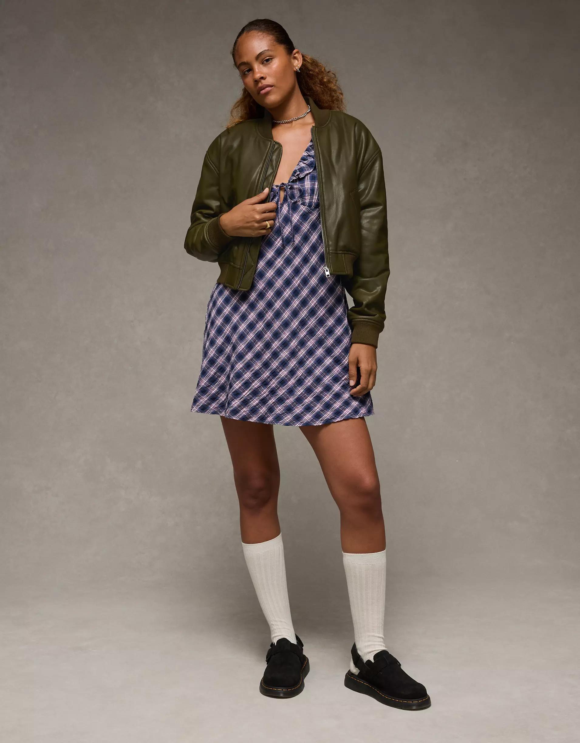 AE Faux Leather Cropped Bomber Jacket Product Image