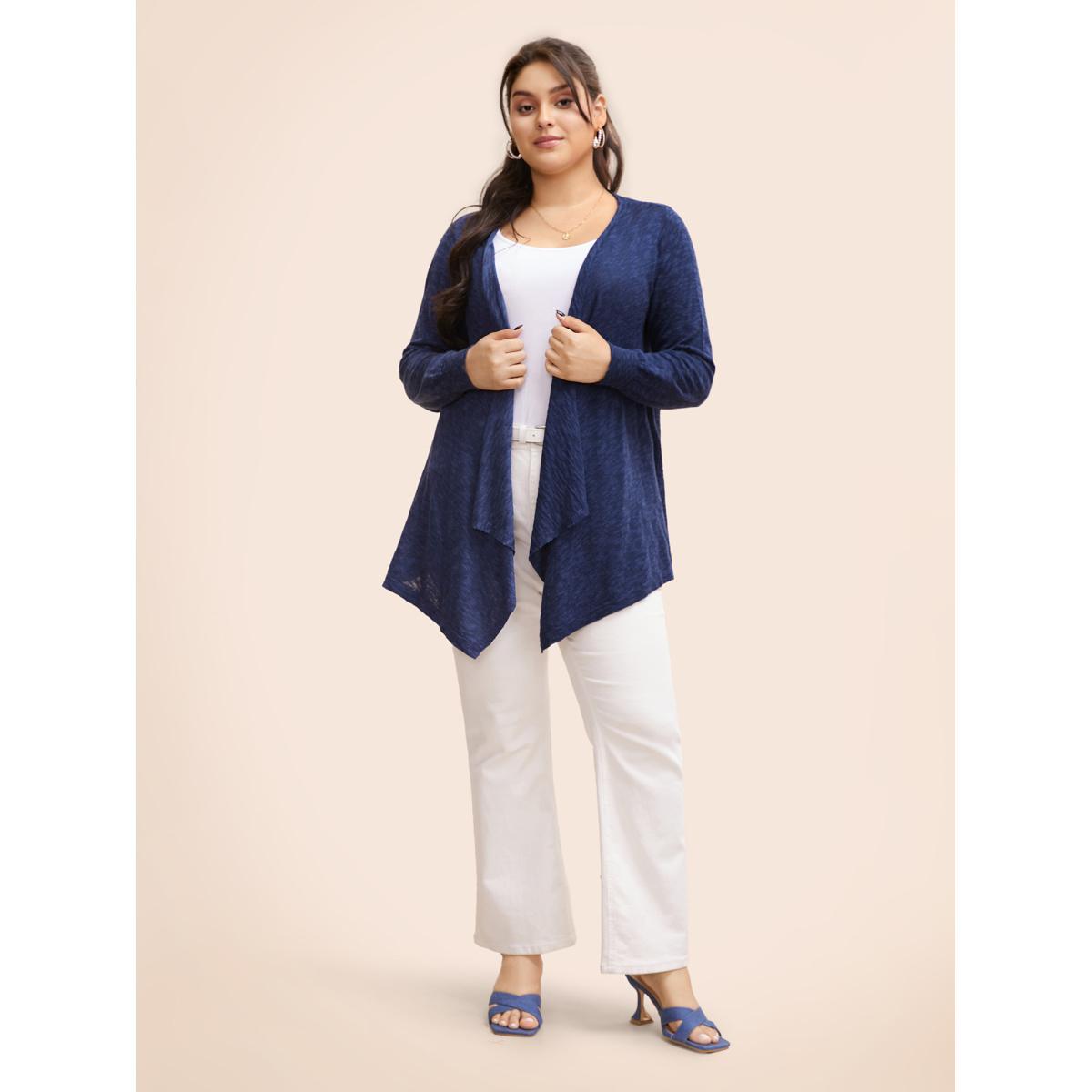 Plus Size Kimono Collar Hanky Hem Cardigan Indigo Women Casual Loose Long Sleeve Everyday Cardigans BloomChic 12/L Product Image