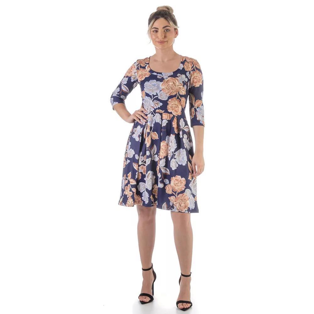 Women's 24Seven Comfort Apparel Pleated Floral Fit & Flare Dress, Size: XL, Navy Brown Team Product Image