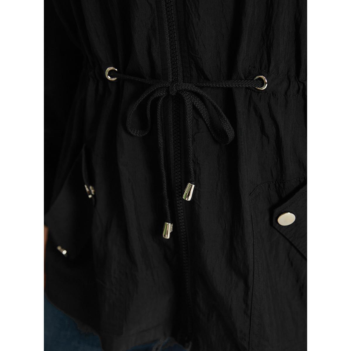 Plus Size Plain Hooded Zipper Drawstring Tab Sleeve Coat Women Black Plain Pocket Everyday Jackets BloomChic 26/4X Product Image