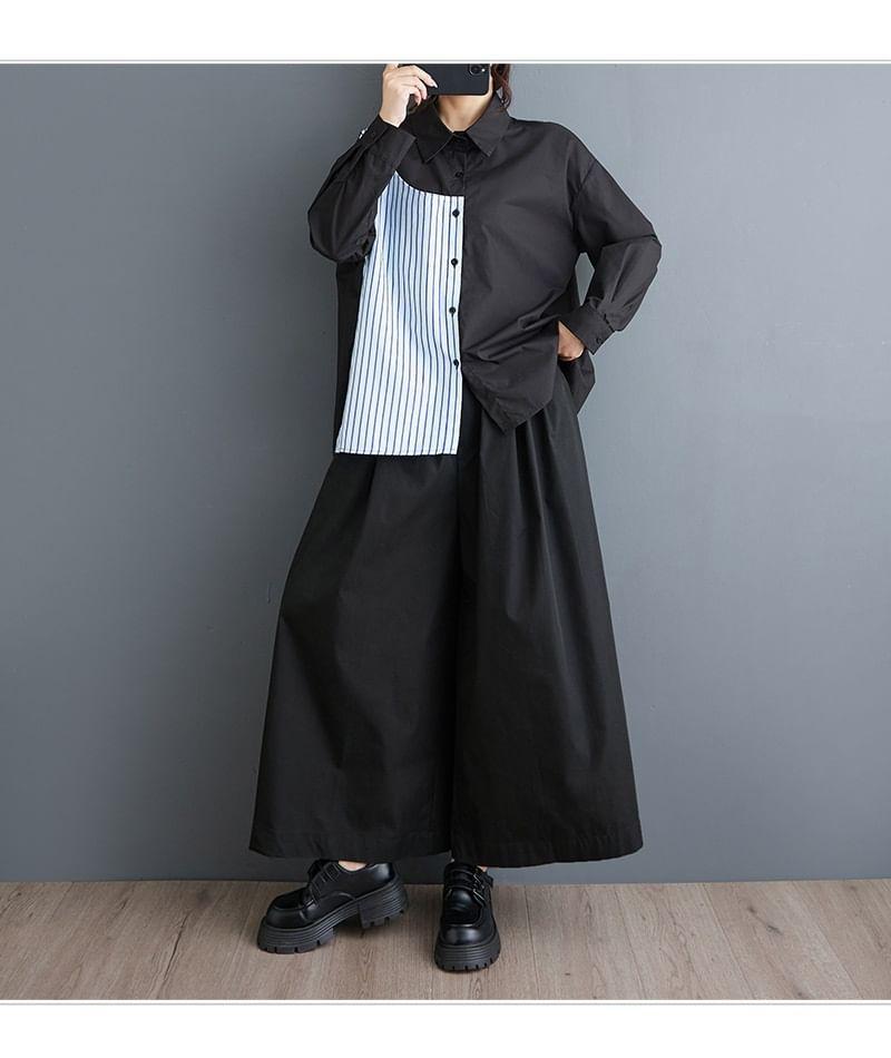 Mock Two-Piece Long-Sleeve Striped Panel Shirt Product Image