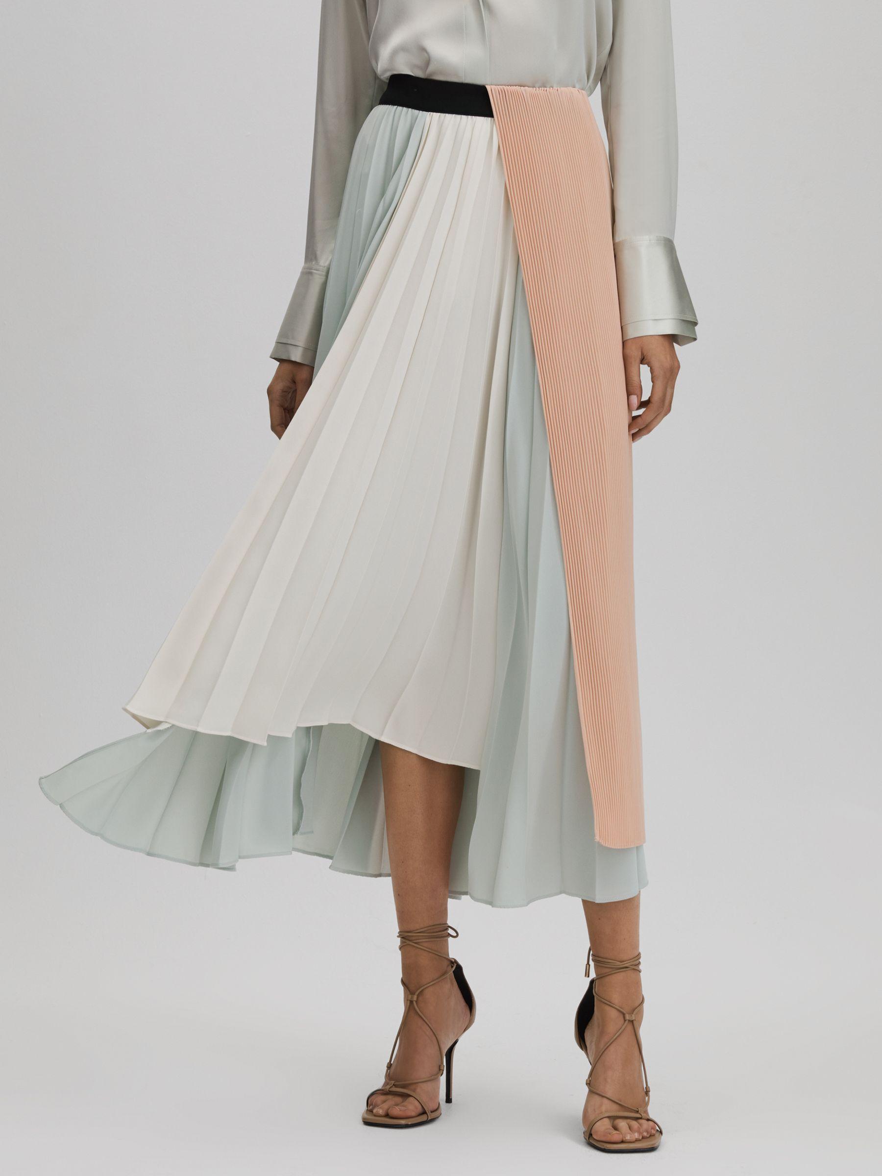 Pleated Asymmetric Midi Skirt in Pink/Cream Product Image