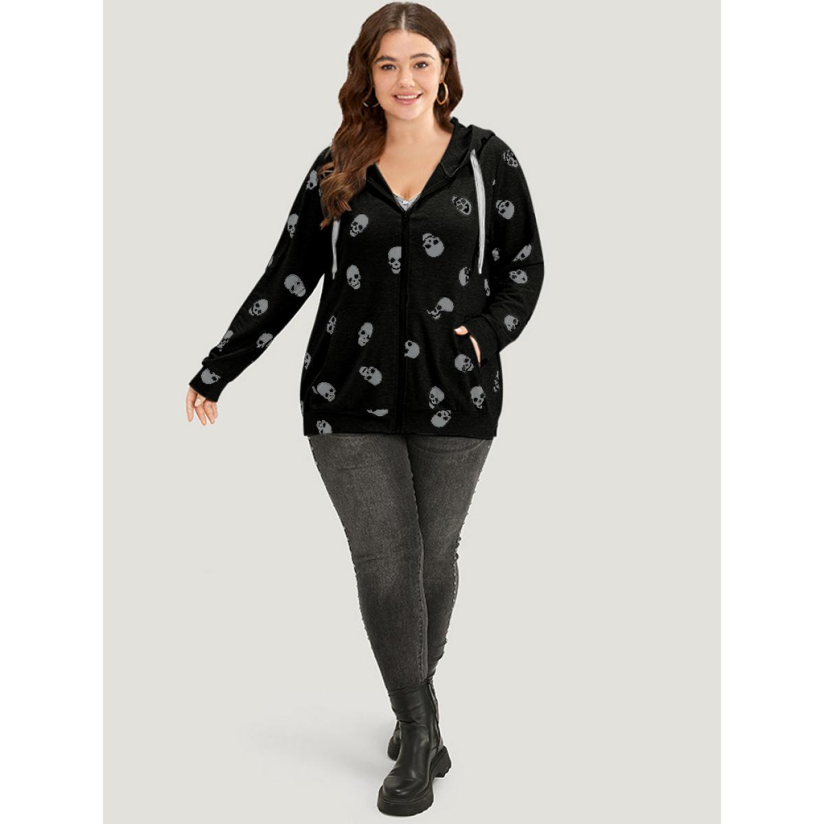 Plus Size Halloween Skull Print Pocket Zipper Hooded Sweatshirt Women Black Casual Elastic cuffs Hooded Festival-Halloween Sweatshirts BloomChic 26/4X Product Image