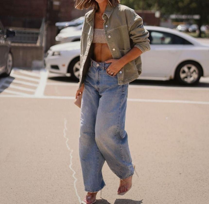 Collared Plain Button-Up Denim Jacket Product Image