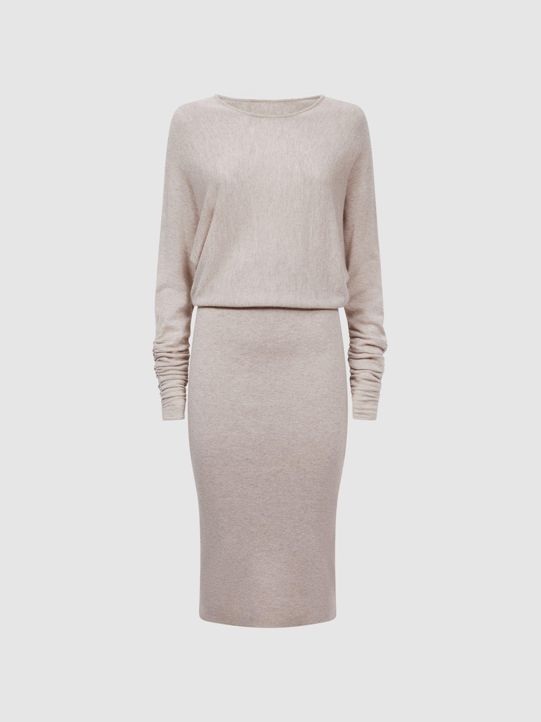 Wool Blend Ruched Sleeve Midi Dress in Neutral Product Image