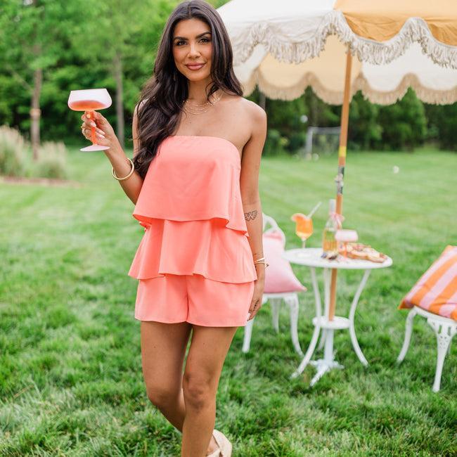 Sundown Serenity Orange Strapless Zip Up Romper SALE Product Image