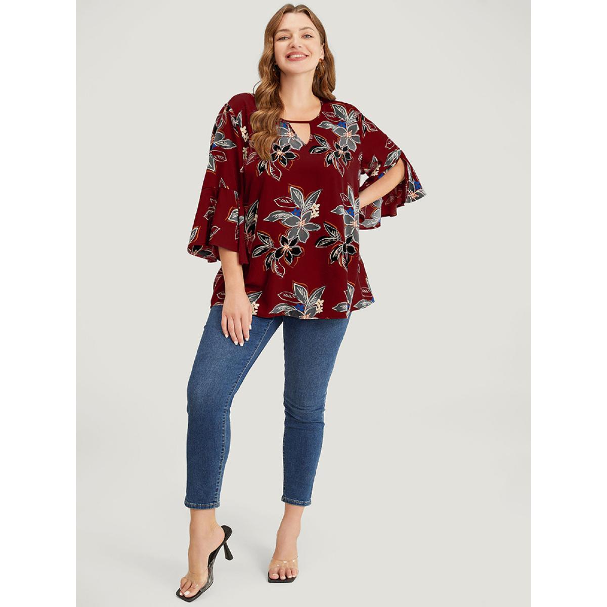 Plus Size Scarlet Floral Print Keyhole Neck Split Bell Sleeve Blouse Women Elegant Elbow-length sleeve Round Neck Dailywear Blouses BloomChic 14-16/1X Product Image