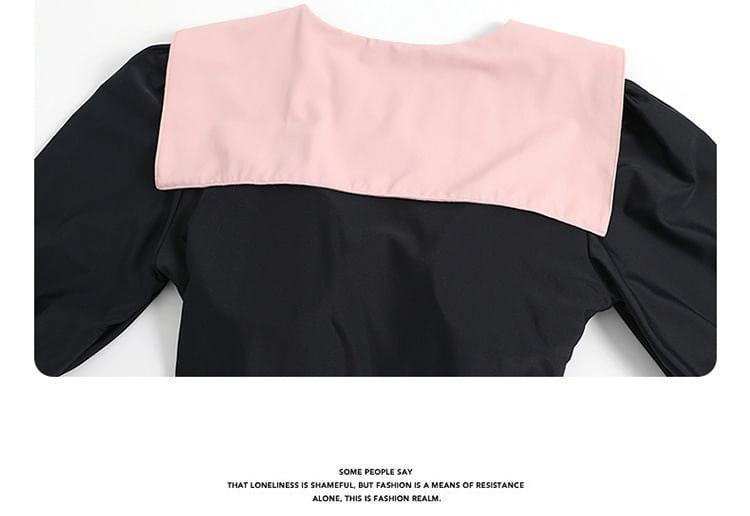 Short Sleeve Collared Bow Lace Up Frill Swimdress Product Image