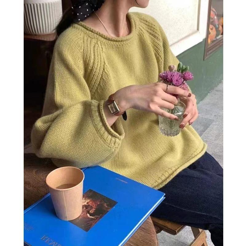 Puff-Sleeve Crew Neck Plain Sweater Product Image