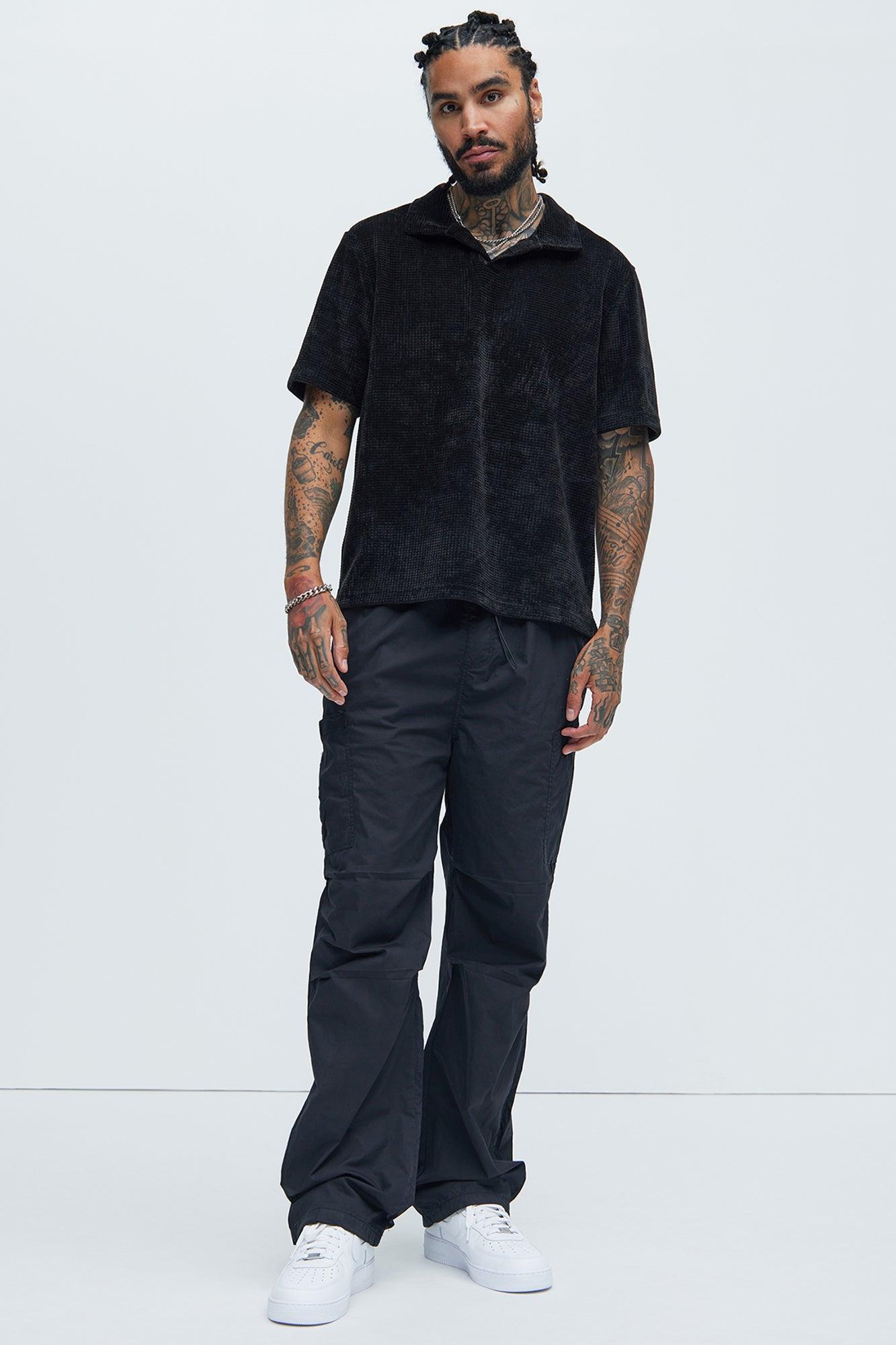 Greenville Waffle Knit Johnny Collar Short Sleeve Polo - Black Product Image
