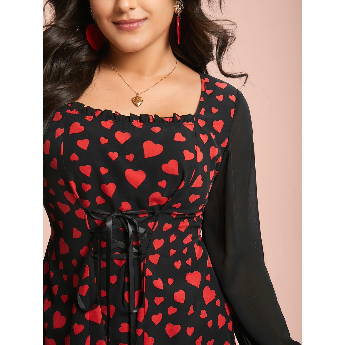 Plus Size Black Heart Print Patchwork Waist-Tie Blouse Women Elegant Extra Long Sleeve Square Neck Everyday Blouses BloomChic 14-16/1X Product Image