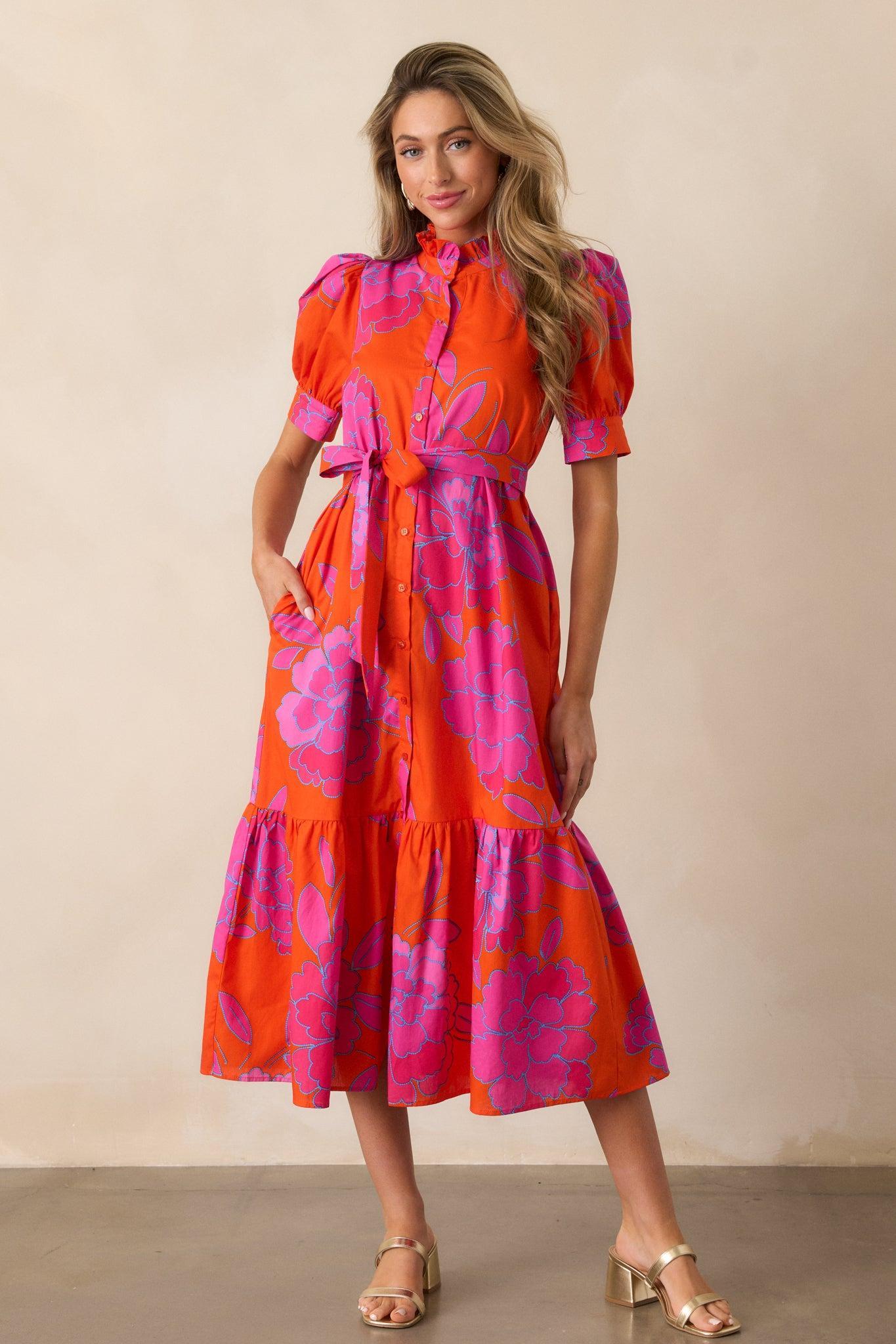 Free To Fly Cotton Orange Floral Button Front Midi Dress Product Image
