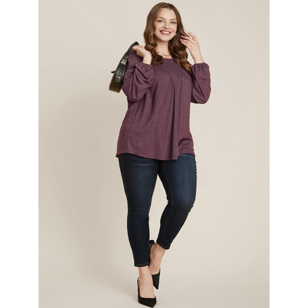Plus Size DustyPink Solid Round Neck Gathered Lantern Sleeve Blouse Women Elegant Long Sleeve Round Neck Dailywear Blouses BloomChic 22-24/3X Product Image