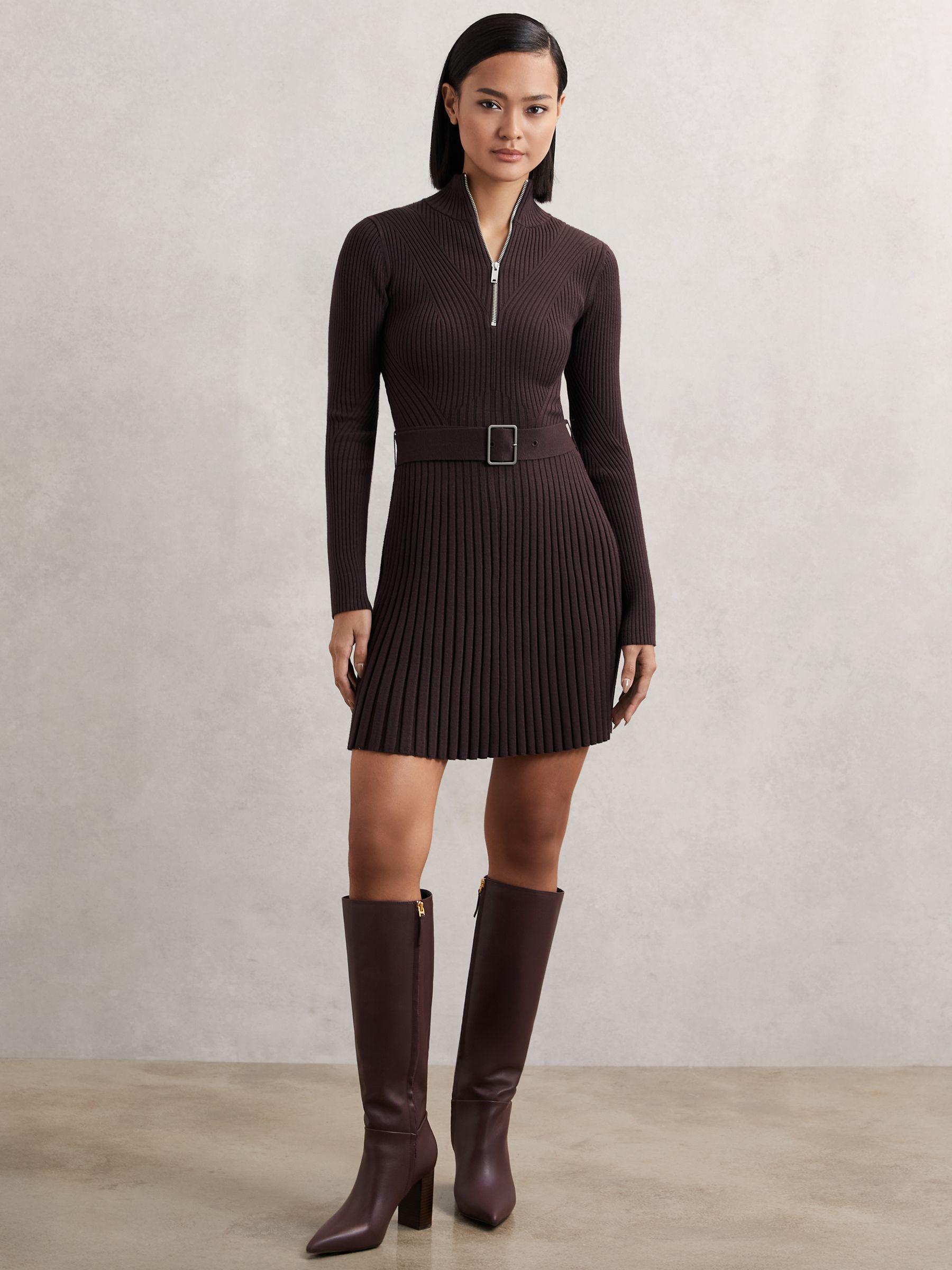 Rib-Knit Belted Half-Zip Flippy Dress in Plum Purple Product Image