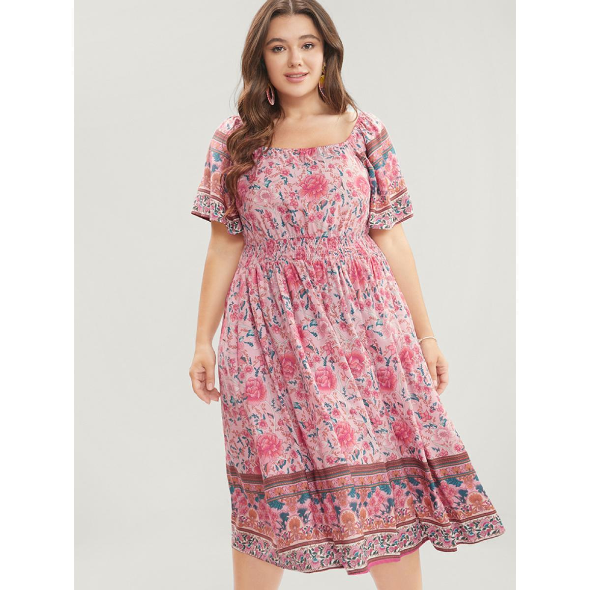 Plus Size Bandana Print Square Neck Pocket Ruffles Shirred Dress Pink Women Vacation Pocket Square Neck Short sleeve Curvy Knee Dress BloomChic 22-24/3X Product Image