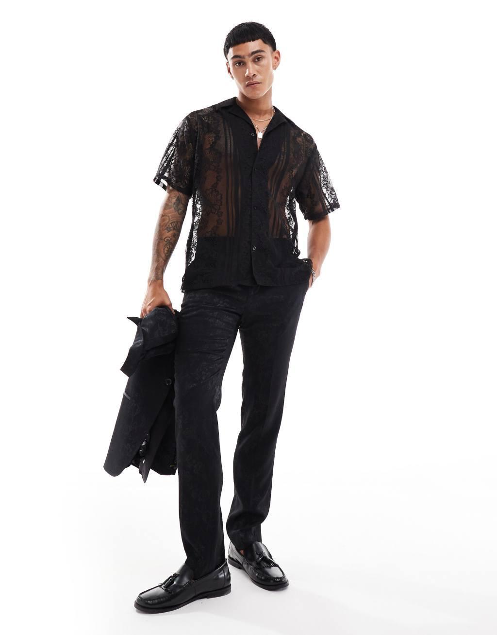 Twisted Tailor camp collar short sleeve lace shirt in black Product Image