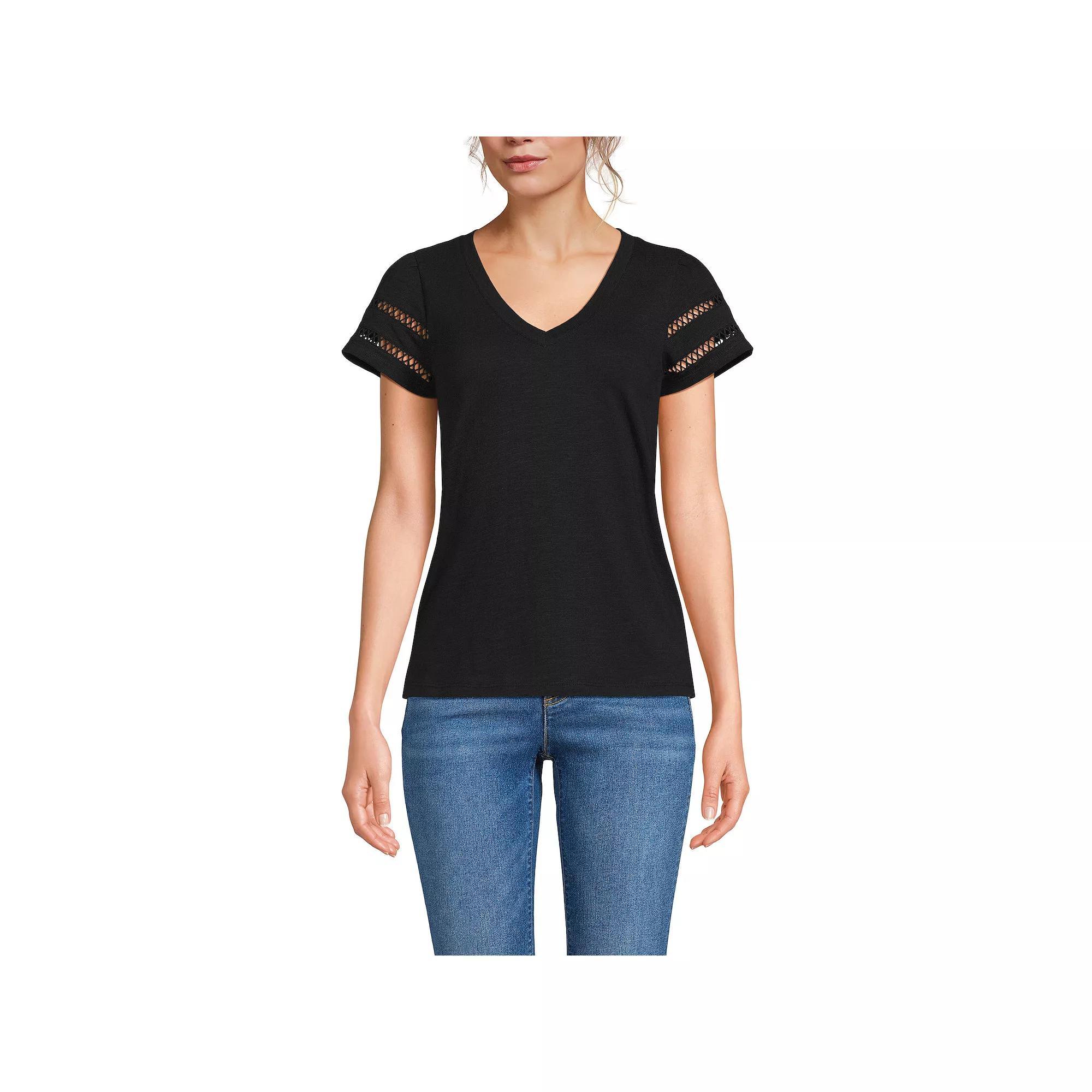 Women's Lands' End Flutter Sleeve V-Neck Tee, Size: Medium, Black Product Image