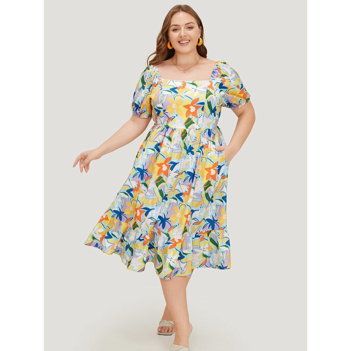 Plus Size Floral Print Pocket Ruffle Hem Square Neck Dress Multicolor Women Elegant Tiered Square Neck Short sleeve Curvy Midi Dress BloomChic 26/4X Product Image