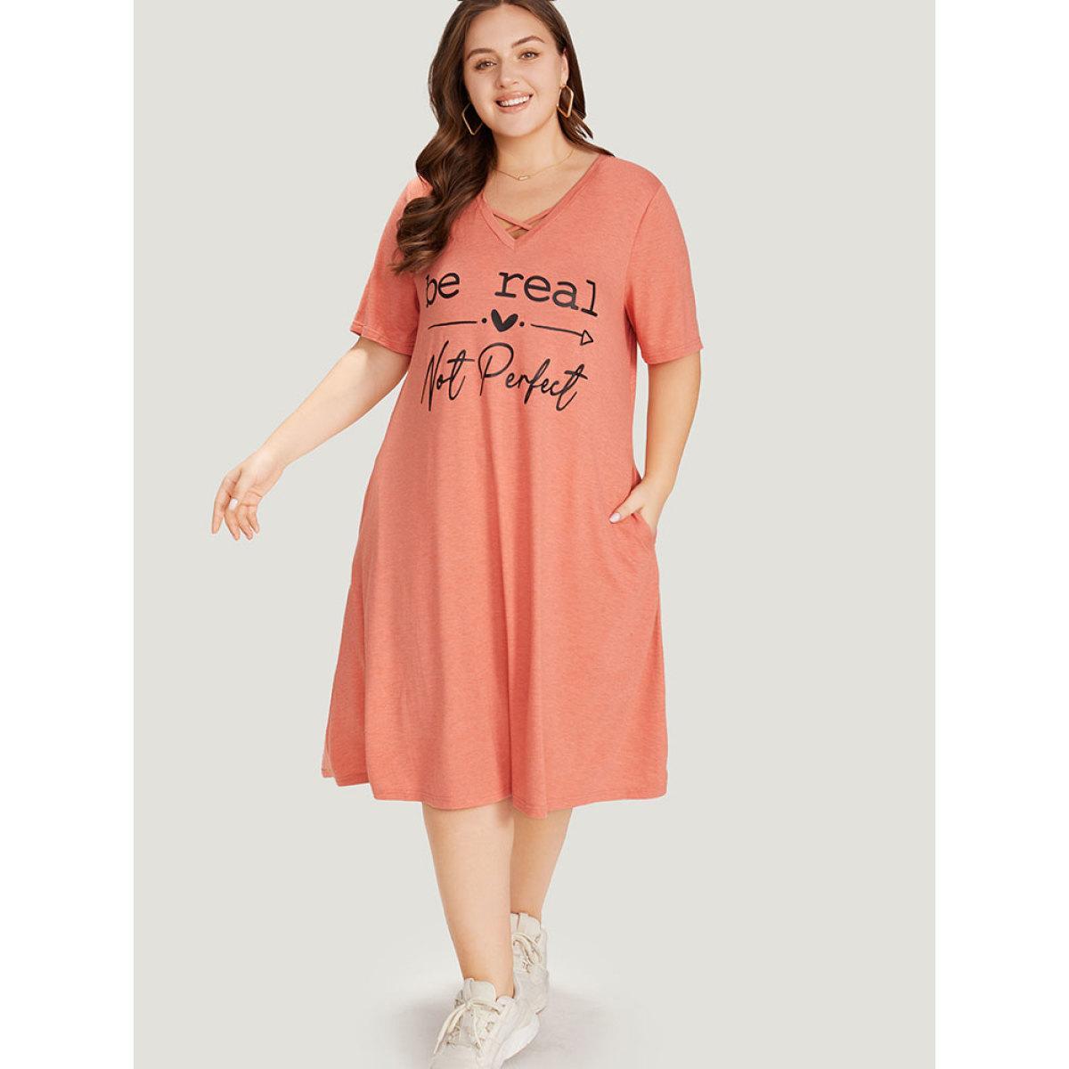 Plus Size Supersoft Essentials Letter Print Pocket Crisscross Neck Dress Coral Women Casual Plain Curvy Midi Dress BloomChic 30/6X Product Image