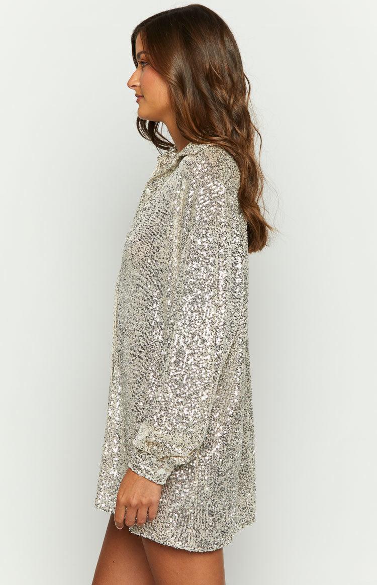 Zariah Gold Sequin Long Sleeve Shirt Product Image