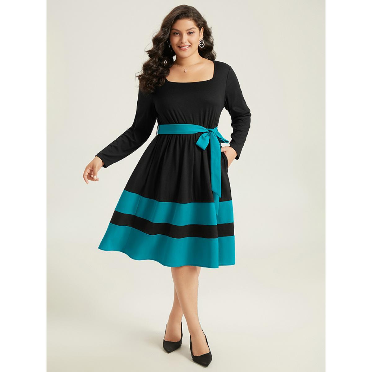 Plus Size Two Tone Belted Bowknot Square Neck Dress Teal Women Elegant Non Square Neck Long Sleeve Curvy Knee Dress BloomChic 28/5X Product Image