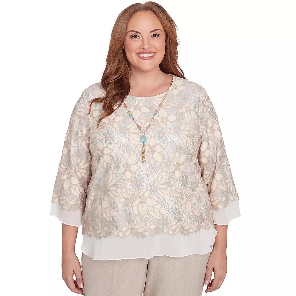 Plus Size Alfred Dunner Floral Lace Woven Trim Top with Necklace, Women's, Size: 2XL, Neutral Team Product Image