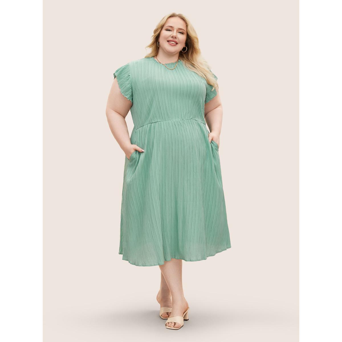 Plus Size Plain Cap Sleeve Ruffles Trim Mock Neck Pocket Dress Mint Women Elegant Pocket Round Neck Short sleeve Curvy Midi Dress BloomChic 22-24/3X Product Image