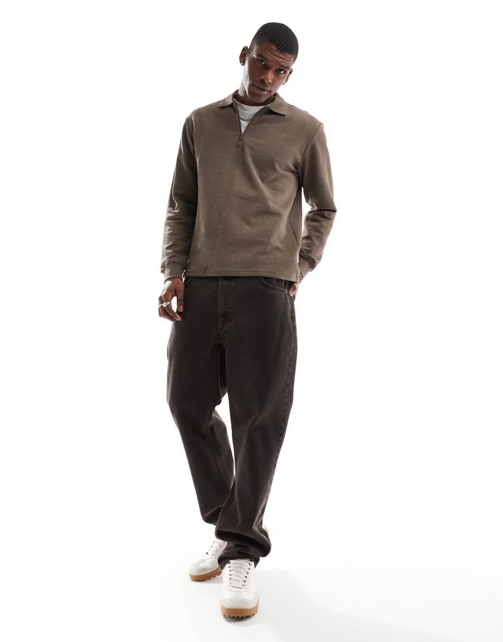 ONLY & SONS long sleeve 1/4 zip polo top in brown Product Image