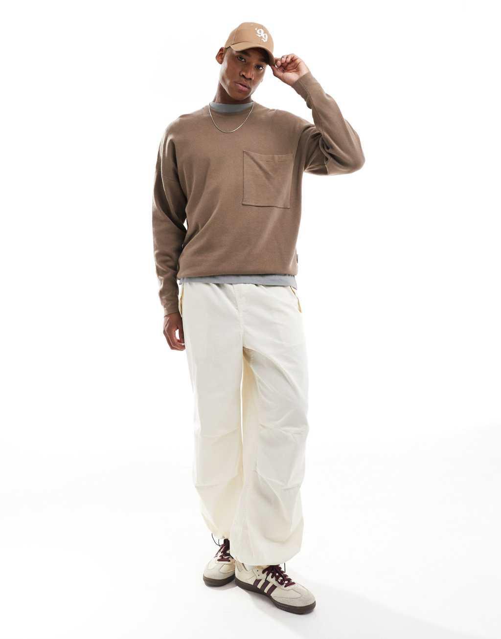 ONLY & SONS crew neck drop shoulder knit sweater in brown Product Image