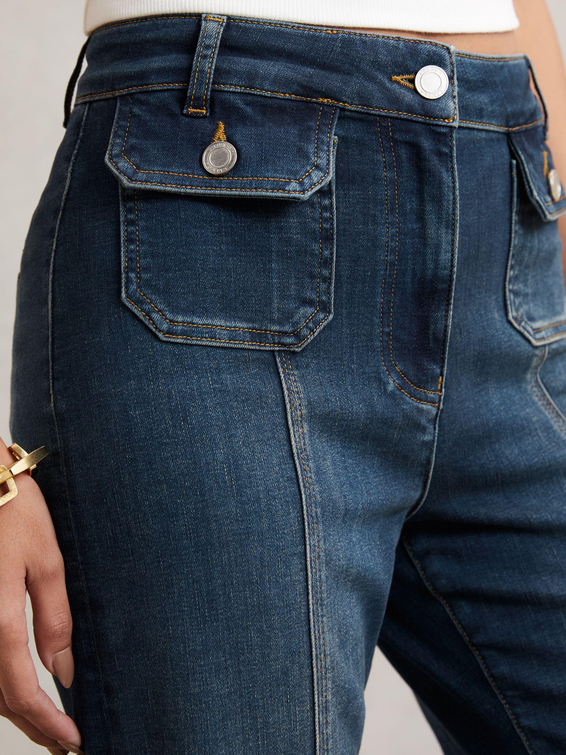 Petite Button-Pocket Flared Jeans in Mid Blue Product Image