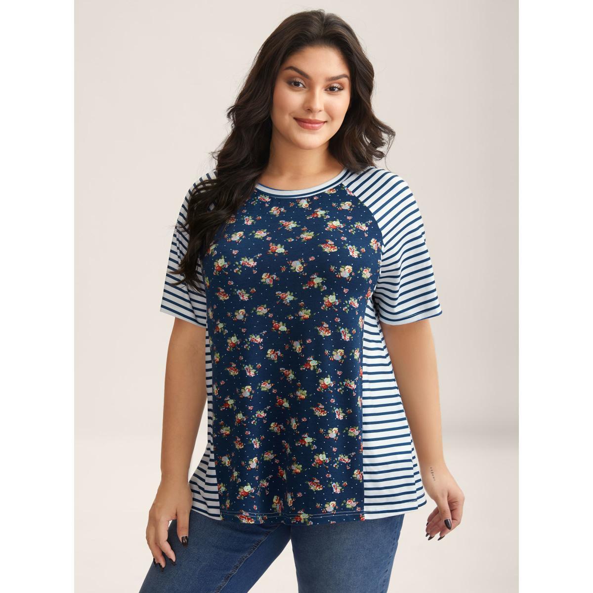 Plus Size Floral Stripes Raglan Sleeve T-Shirt Indigo Women Contrast Round Neck Everyday-Casual T-shirts BloomChic 28/5X Product Image