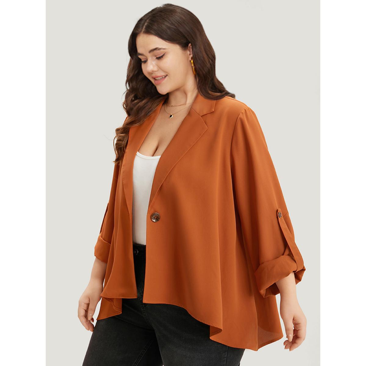 Plus Size Plain Button Up Tab Sleeve High Low Hem Blazer Chocolate Women Work Plain Drape Sleeve Long Sleeve Lapel Collar 28/5X At the Office Blazers BloomChic Product Image