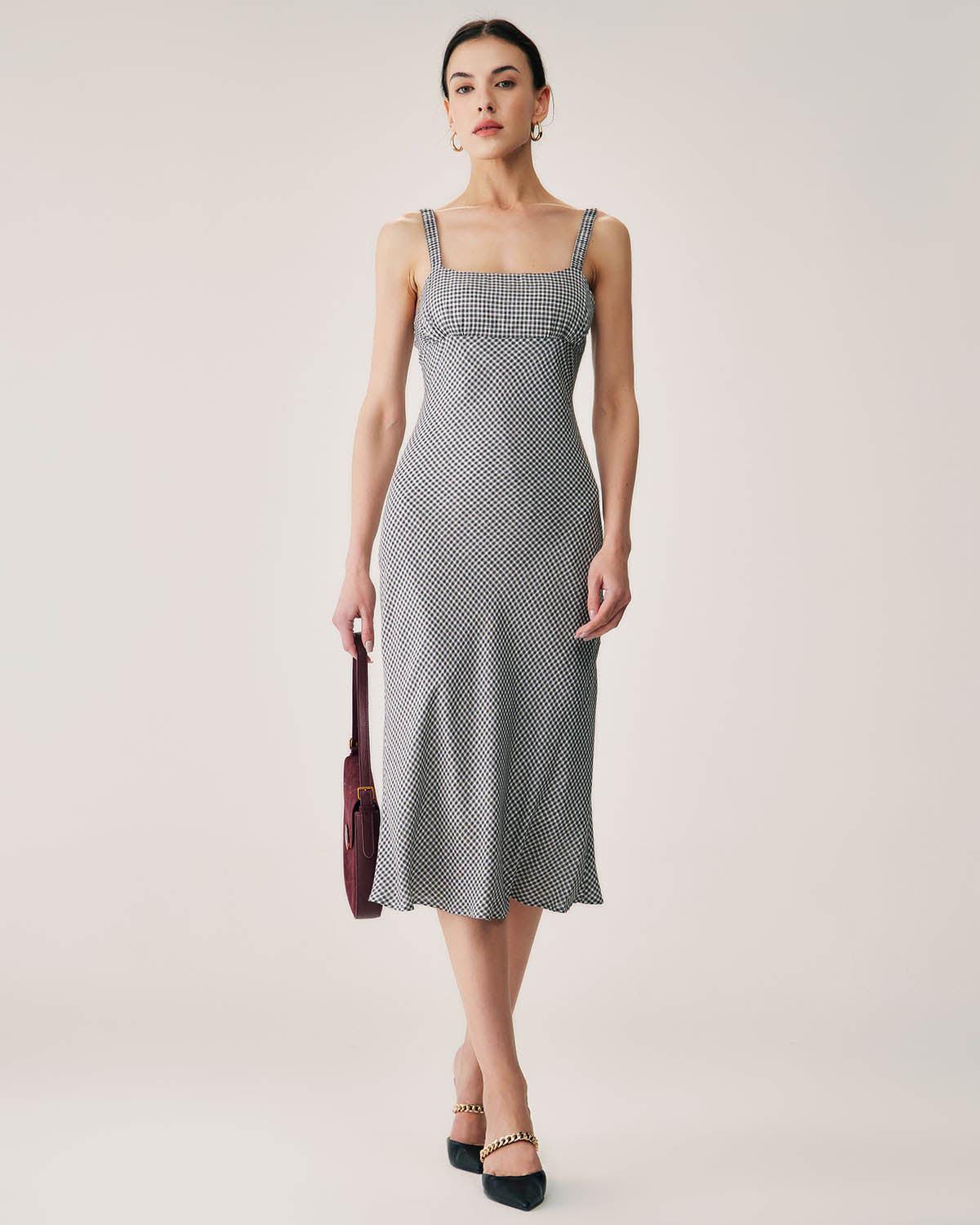 Black Plaid Ruched Slip Midi Dress Product Image