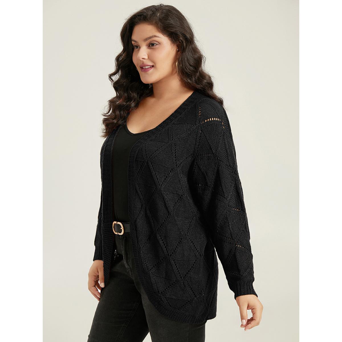 Plus Size Geometric Hollow Out Open Front Cardigan Black Women Casual Loose Long Sleeve Dailywear Cardigans BloomChic 14-16/1X Product Image