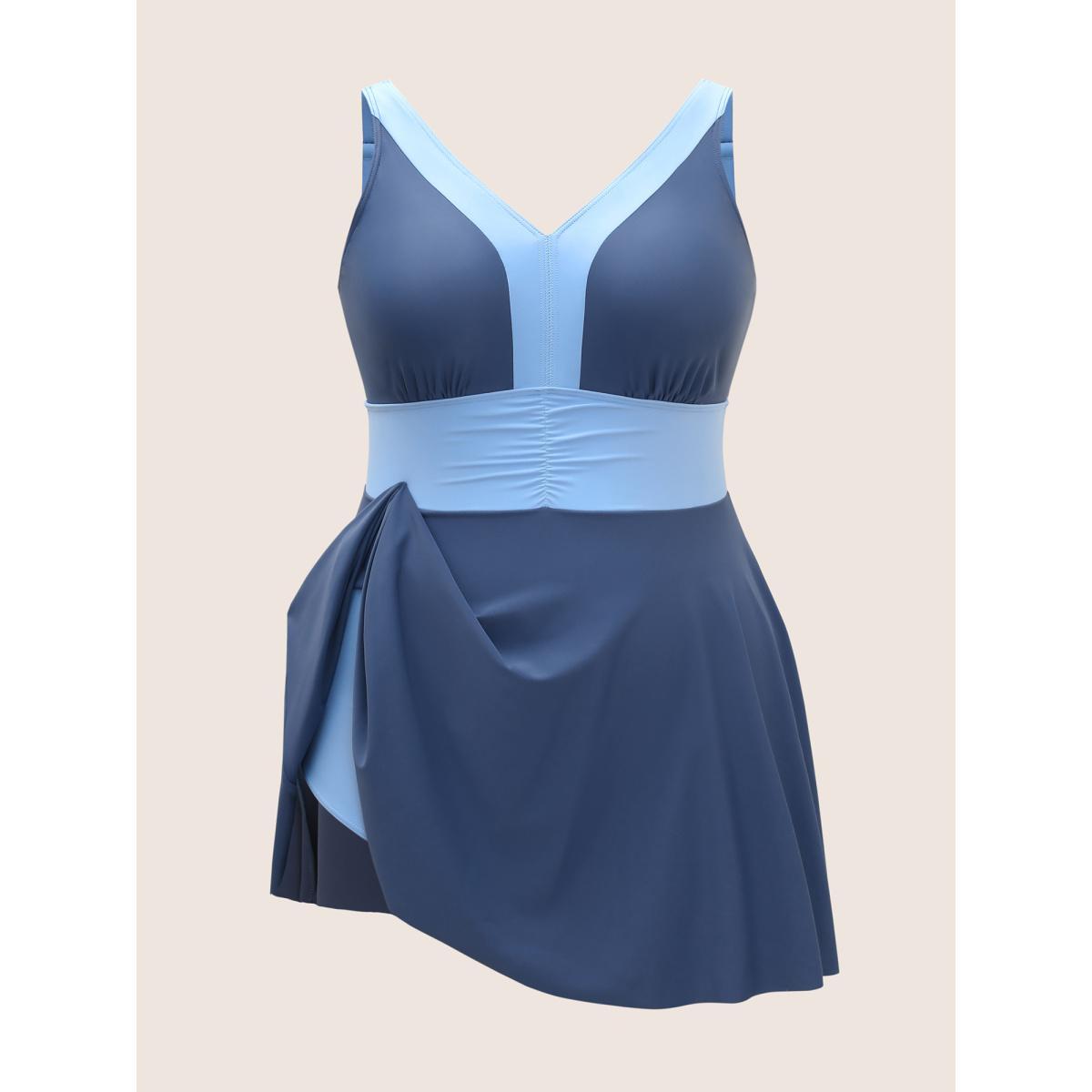 Plus Size Two Tone Patchwork Gathered Swim Dress Women's Swimwear Aegean Beach Bodycon V-neck High stretch Curve Swim Dresses BloomChic 28/5X Product Image