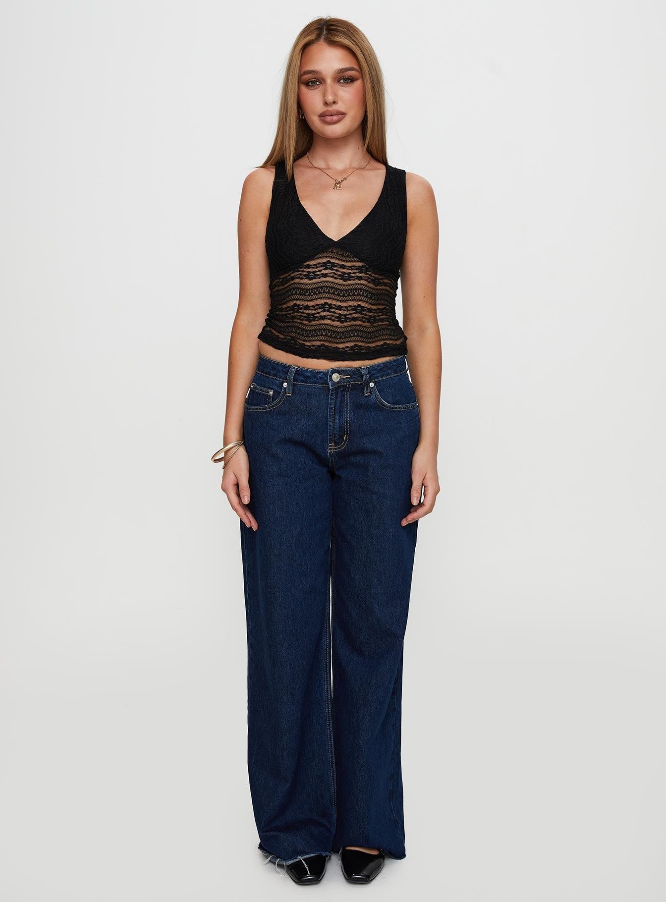 Loxlee Lace Plunge Neck Top Black Product Image