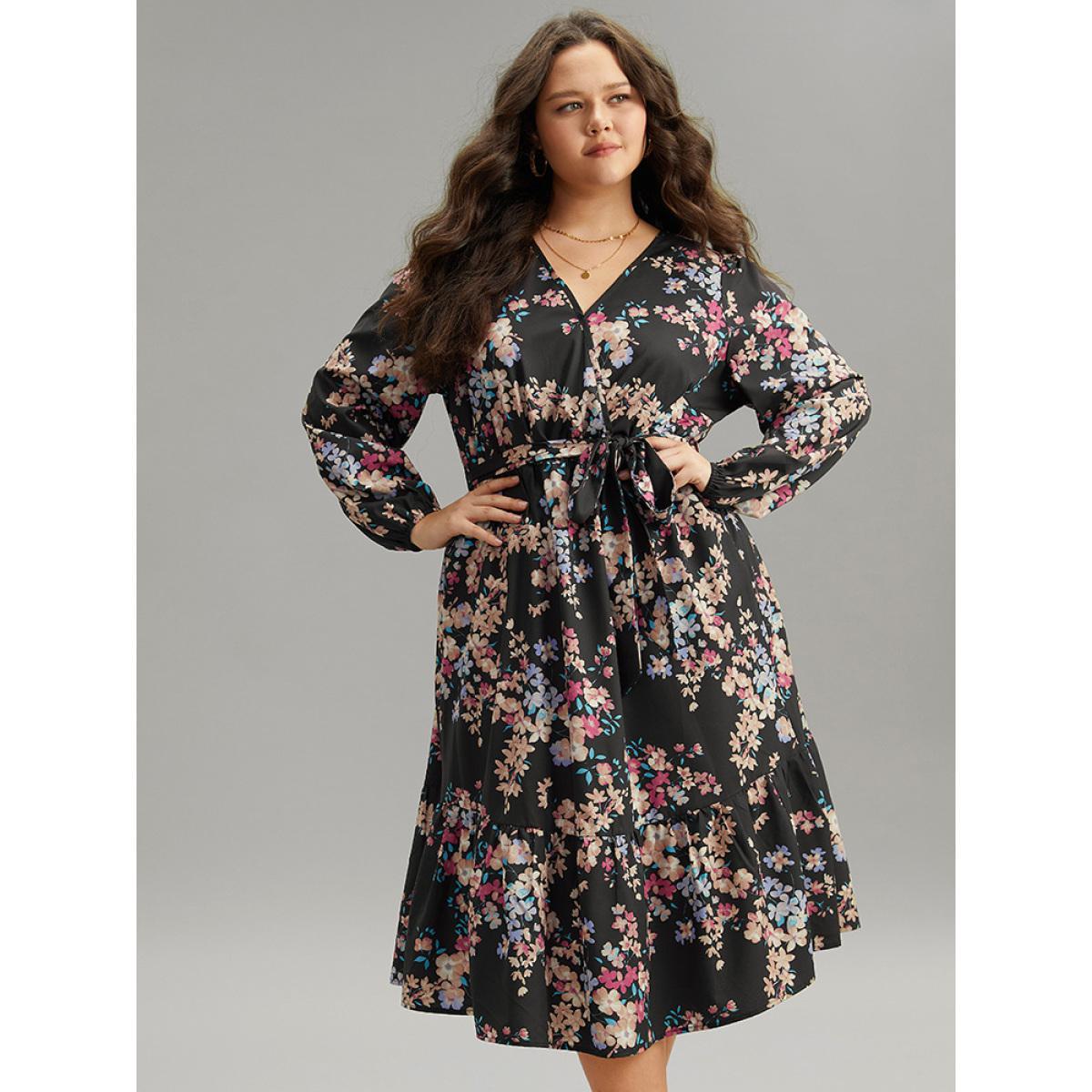 Plus Size Floral Print Overlap Collar Elastic Cuffs Dress Black Women Elegant Elastic cuffs Overlap Collar Long Sleeve Curvy Midi Dress BloomChic 18-20/2X Product Image