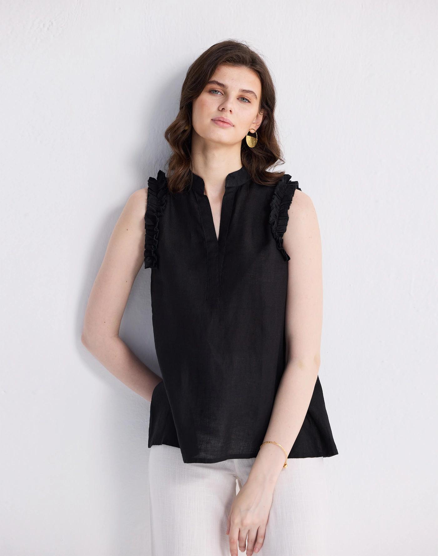 Reistor® Sleeveless 100% Hemp Top with Ruffles in Black Product Image