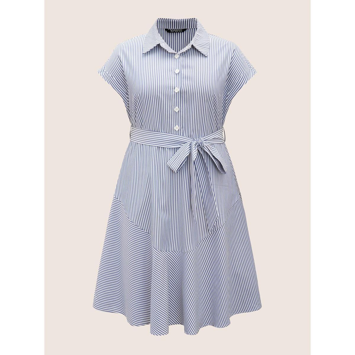 Plus Size Shirt Collar Striped Cap Sleeve Dress SlateGray Women At the Office Belted Shirt collar Sleeveless Curvy BloomChic 22-24/3X Product Image