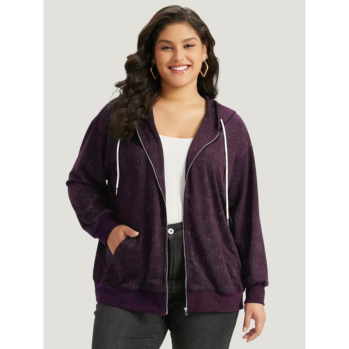 Plus Size Heather Hooded Drawstring Pocket Zipper Fly Sweatshirt Women Purple Casual Elastic cuffs Hooded Everyday Sweatshirts BloomChic 18-20/2X Product Image