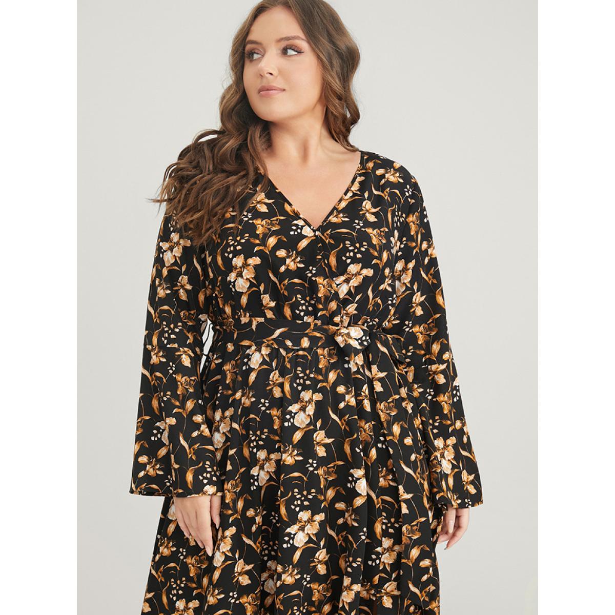 Plus Size Floral Pocket Bell Sleeve Belted Split Flutter Dress Black Women Elegant Pocket V-neck Long Sleeve Curvy Midi Dress BloomChic 22-24/3X Product Image